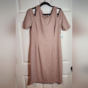 NWT J. Howard Tan Glitter Cold Shoulder Zip Back Knee Length Dress Size 16